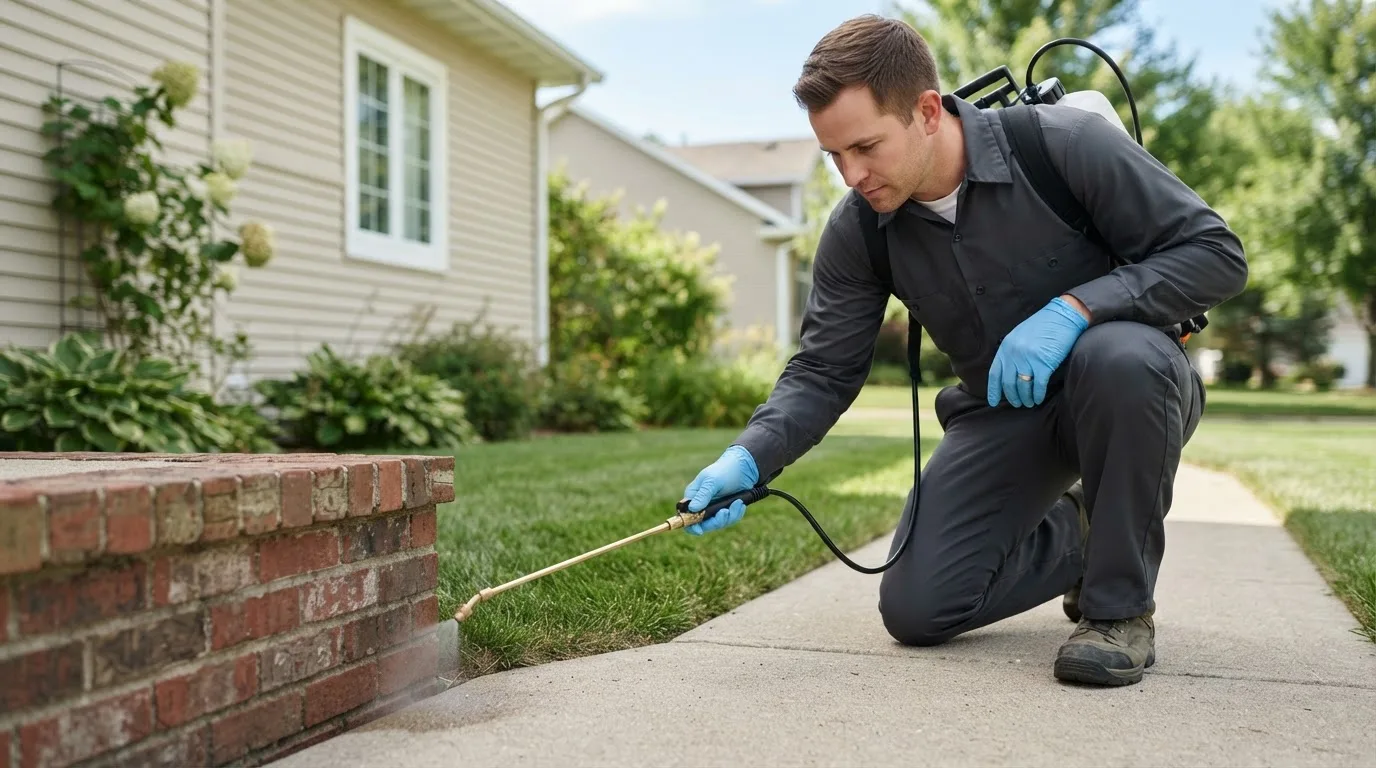 Pest control technician treating a home near Rossiter, PA